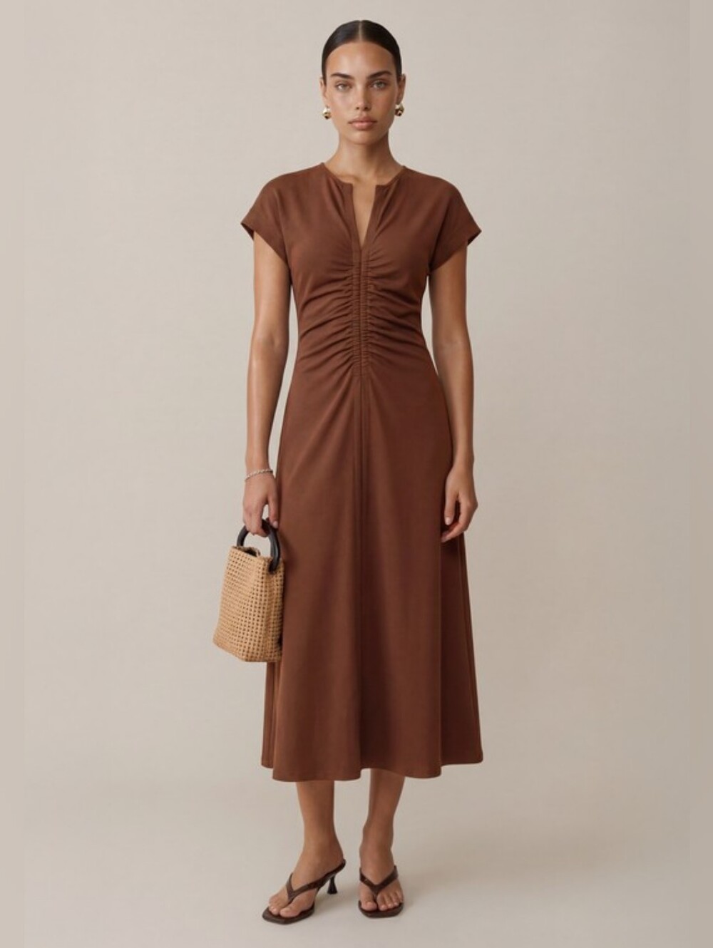 Roxy Ponte Knit Maxi Ruched Front Midi Dress